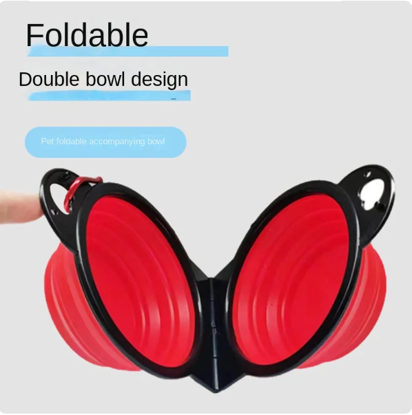 Pet Foldable Dual Bowl Feeding Drinking Bowl Travel Portable 2-in-1 With Buckle