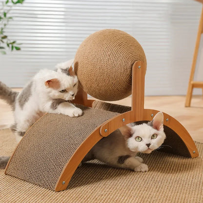 2-in-1 Cat Scratching Ball with Wooden Base - Sisal Scratch Board & Wear-Resistant Grinding Toy, Solid Wood Cat Scratcher for Healthy Paws