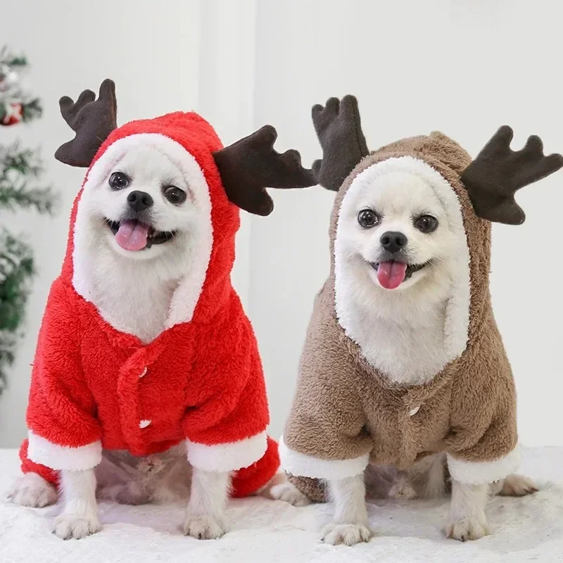 Dog Christmas Clothes - Winter Warm Elk & Santa Claus Hoodies for Small & Medium Dogs and Cats, Festive Pet Costume Coat