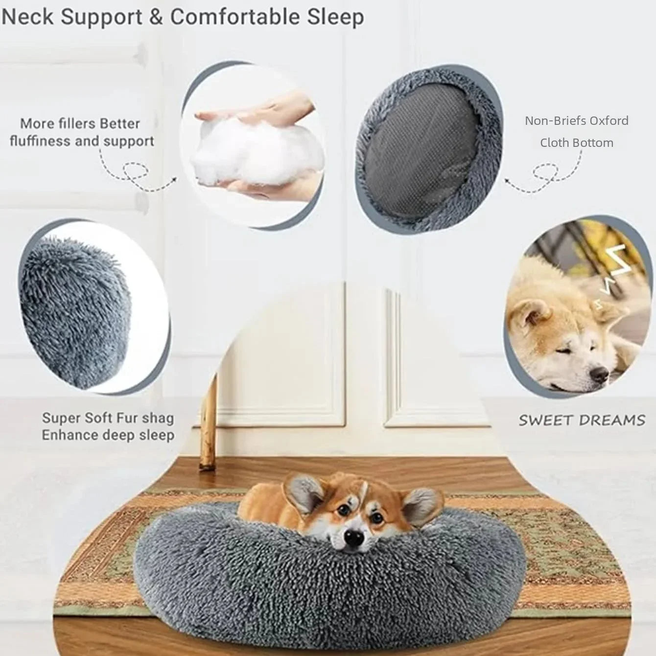 40-90cm Round Plush Pet Bed - Winter Warm Dog & Cat Bed for Medium & Large Pets