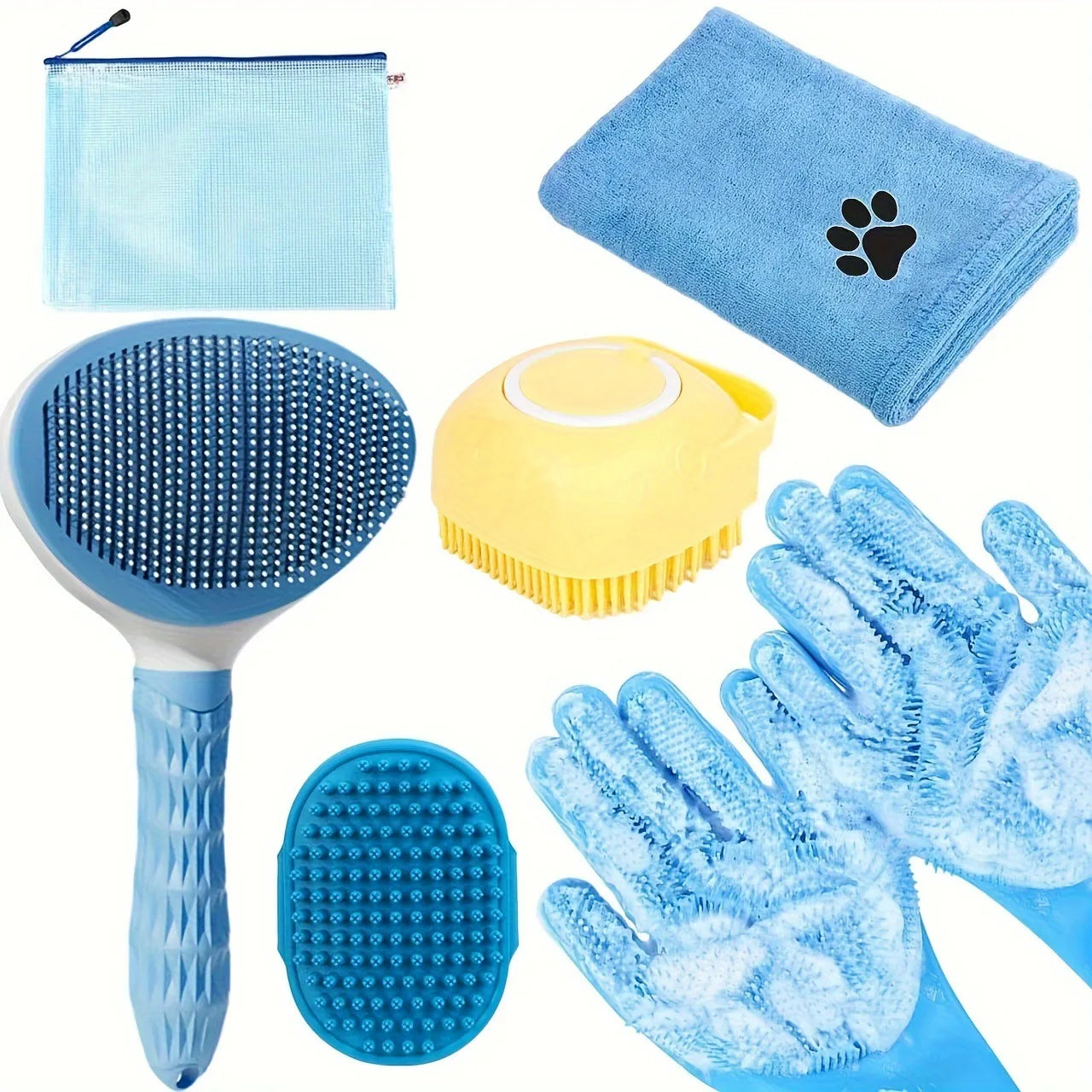 6pcs Pet Grooming Kit: Dog & Cat Hair Remover Brush, Non-Slip Cleaning Tools, Quick-Dry Towel for Effective Washing & Grooming