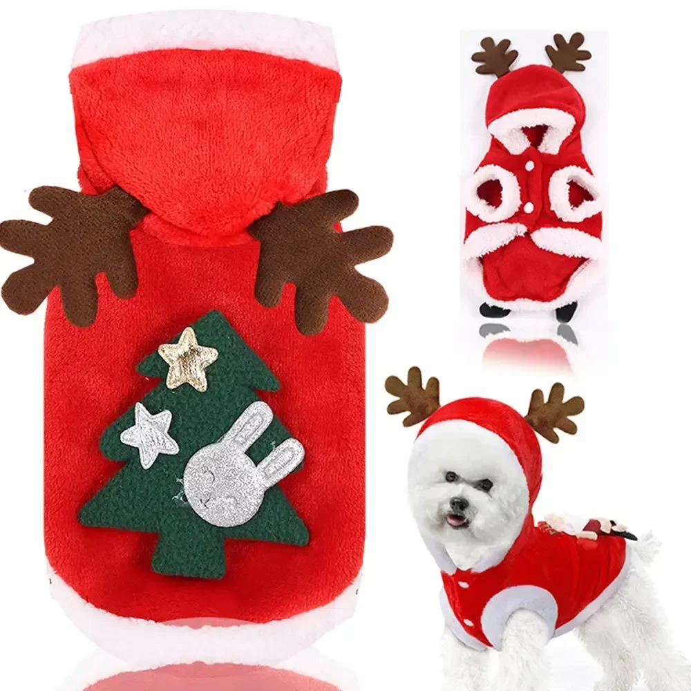 Dog Christmas Clothes - Winter Warm Elk & Santa Claus Hoodies for Small & Medium Dogs and Cats, Festive Pet Costume Coat