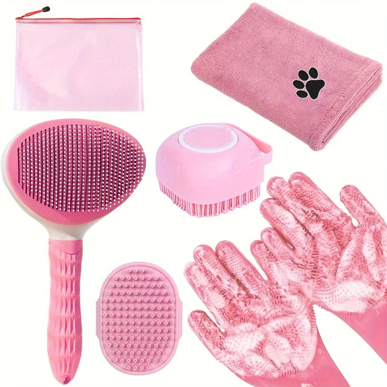 6pcs Pet Grooming Kit: Dog & Cat Hair Remover Brush, Non-Slip Cleaning Tools, Quick-Dry Towel for Effective Washing & Grooming