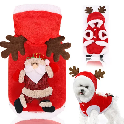 Dog Christmas Clothes - Winter Warm Elk & Santa Claus Hoodies for Small & Medium Dogs and Cats, Festive Pet Costume Coat